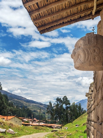 Stone mask on the ancient temple at Chavin de Huantar in Peru
