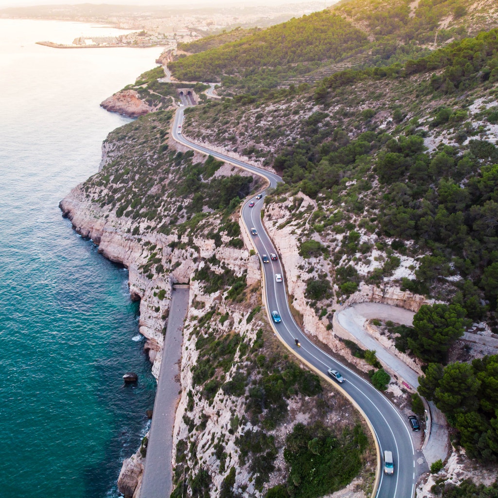Garraf coast is a dangerous road between the cliffs over the sea with curves and extreme terrain in the south of Barcelona.