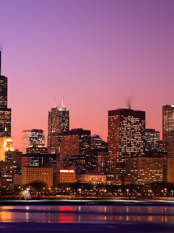 Chicago skyline at dusk.