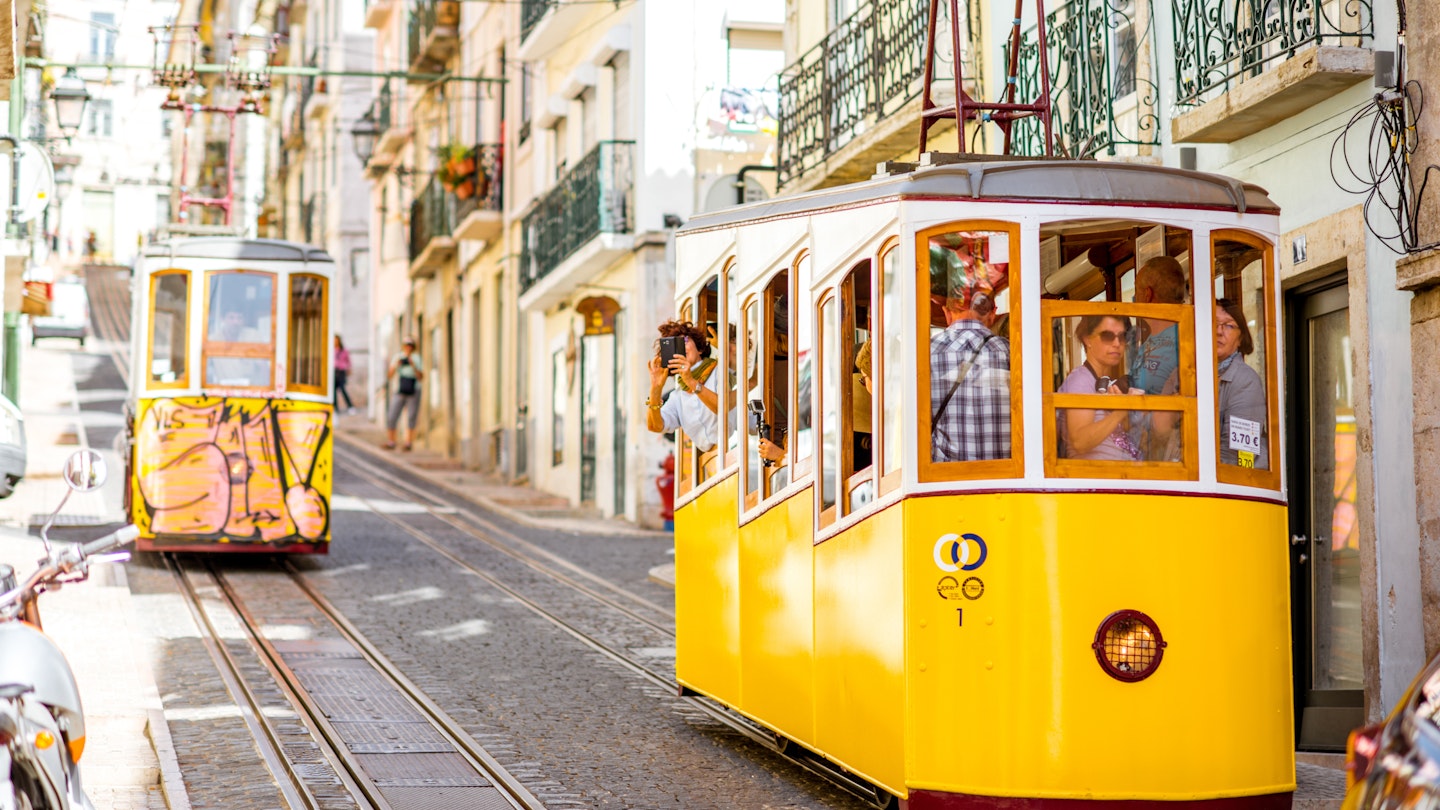 LISBON, PORTUGAL - September 28, 2017: Famous yellow funicular on the Bica street in Lisbon during the sunny day in Portugal
763020457